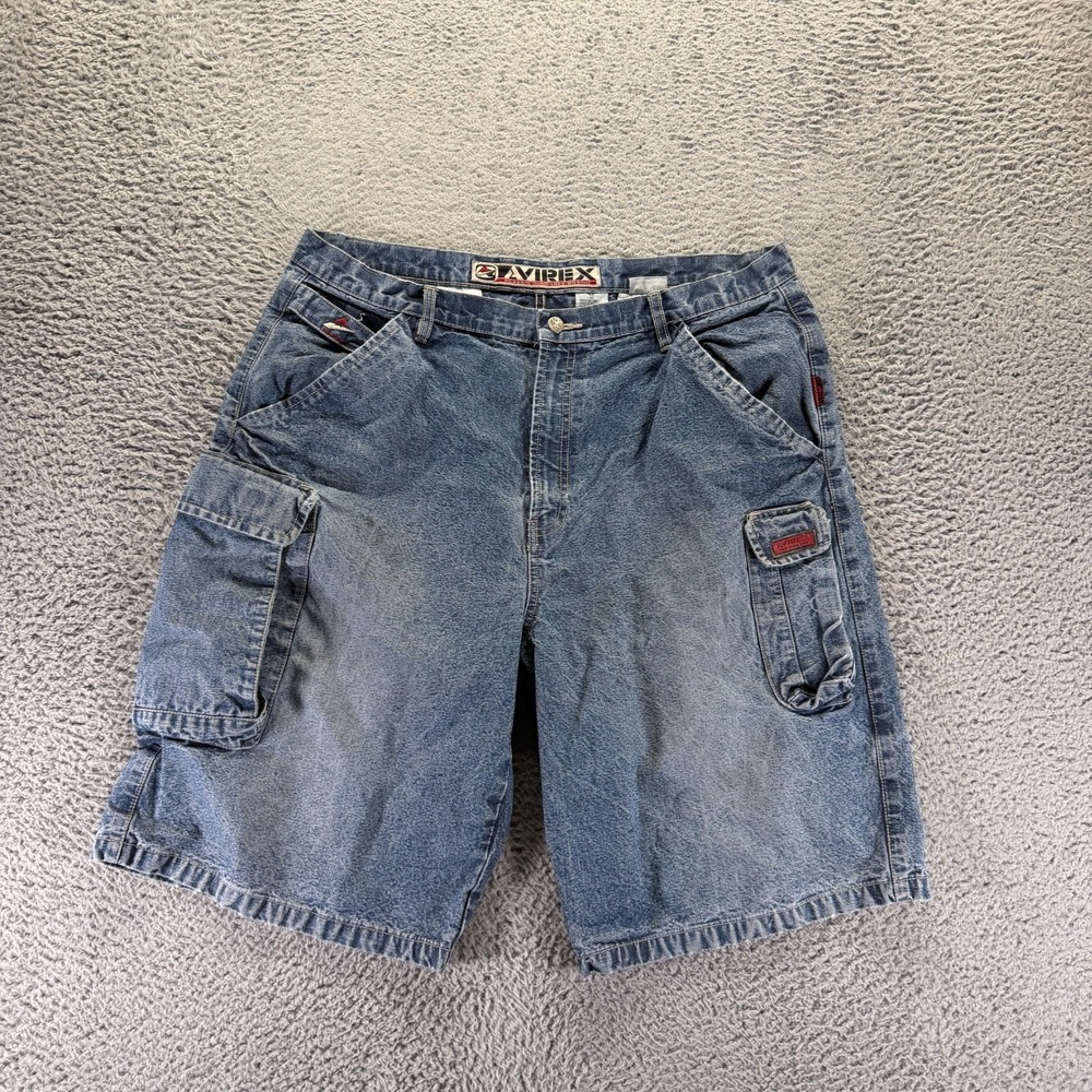 VTG Avirex Shorts Mens 40 Blue Cotton Denim Cargo Utility Workwear Faded Baggy